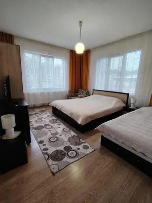 a bedroom with two beds and a rug at Къща за гости ЖАНИ in Zmeitsa