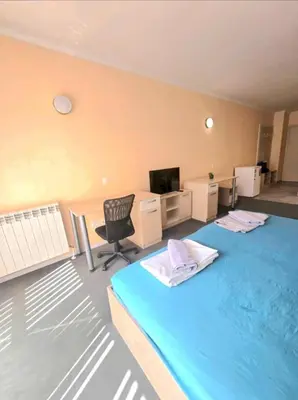 a room with two beds and a desk and a chair at Nexus of Power in Sofia