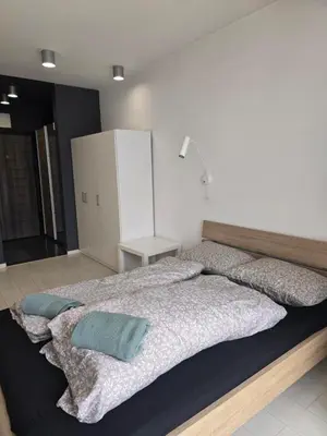 a bedroom with a large bed with two pillows at The Peak in Sofia