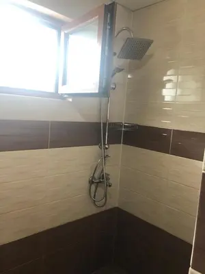 a shower in a bathroom with a window at При Бети in Sandanski