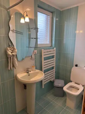 a bathroom with a sink and a toilet and a mirror at Къща за гости Падалото in Smolyan