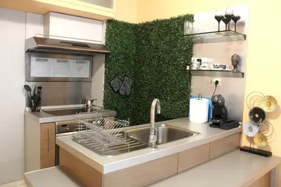 a kitchen with a sink and a green wall at Apartment Near NDK Biairbnb in Sofia