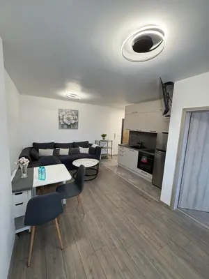 a living room with a couch and a table at Nikea apart 1 in Velingrad