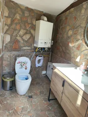 a bathroom with a toilet and a stone wall at The Bird Villa in Bosnek