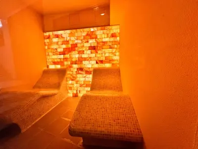 two benches in a room with a brick fireplace at Ardo Hill Spa Hotel and Restaurant in Sarnitsa