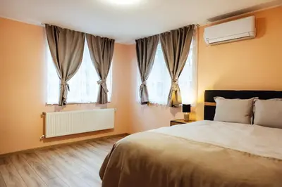 a bedroom with a bed and two windows at Апартамент Инфинити in Sapareva Banya