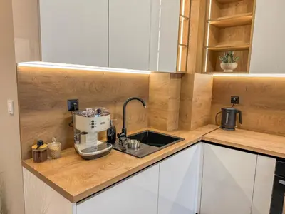a kitchen with a mixer on a counter at 1BR Apartment with a Free Designated Parking Space in Plovdiv