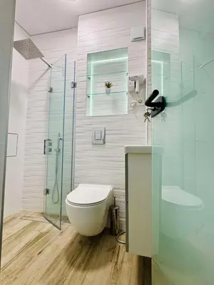 a bathroom with a toilet and a glass shower at Unique flat with balcony in the heart of the city in Kyustendil