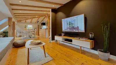 a living room with a couch and a tv on a wall at Boutique apartment with Mountain View in Sofia