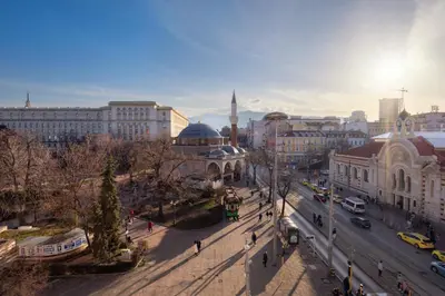 a view of a city with a street and buildings at Roca House in Sofia