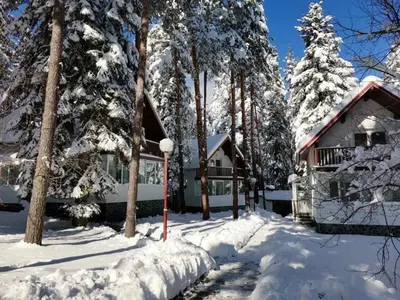a house covered in snow in front of trees at Вилно селище Тракия- почивка сред природата in Tsigov Chark