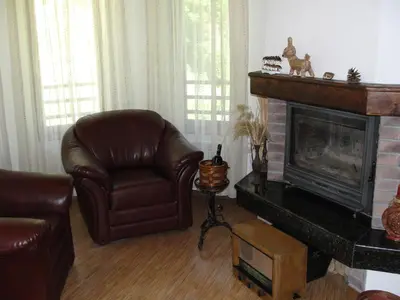 a living room with a couch and a fireplace at Villa Persenk in Lyaskovo