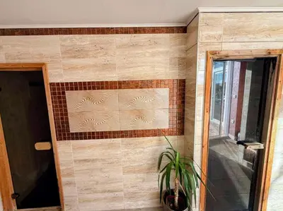 a tiled wall in a room with a plant at Апартамент Елегант - спа комплекс Аква Терми in Krasnovo