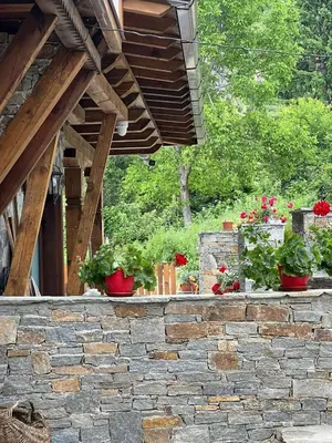 a patio with potted plants on a stone wall at Къща в Родопа планина in Leshten