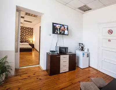 a living room with a television and a room with a bed at Sofia Central Guest Rooms in Sofia