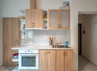a kitchen with wooden cabinets and a sink at Central Sofia Gem by Vitoshka Street in Sofia