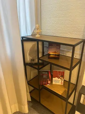 a black shelf with books on it next to a window at Kolev Apartment in Sofia