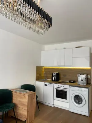 a kitchen with a washing machine and a table at Апартамент Кashmir in Smolyan