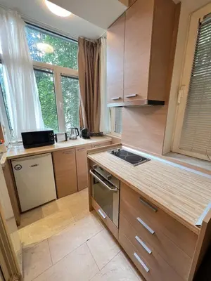 a kitchen with wooden cabinets and a stove top oven at Cozy 1BDR with Jacuzzi and WiFi near Vitosha BLVD in Sofia