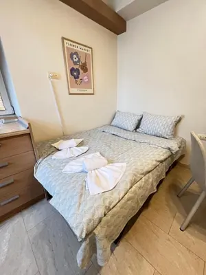 a bedroom with a bed with towels on it at Cozy 1BDR with Jacuzzi and WiFi near Vitosha BLVD in Sofia