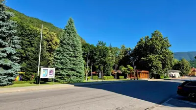 a street with trees and a car parked on the road at Диковата къща in Lesidren