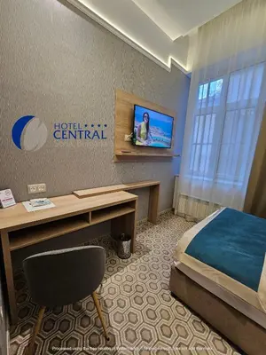a hotel room with a bed and a desk and a television at Central Hotel Sofia in Sofia