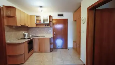 a kitchen with wooden cabinets and a sink at Lara's cosy apartment 200 m from lift in Bansko
