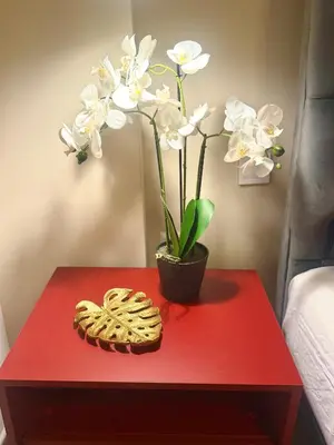 a red table with a vase of flowers and a cookie at Luxury apartment in the heart of Sofia in Sofia
