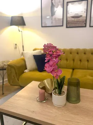 a living room with a coffee table with flowers on it at Luxury apartment in the heart of Sofia in Sofia