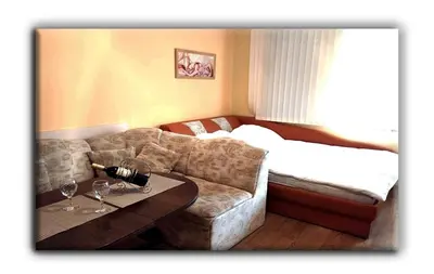 a living room with a couch and a bed at Studio Resonance Bansko in Bansko