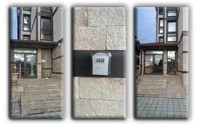 three pictures of a building with a clock on it at Studio Resonance Bansko in Bansko