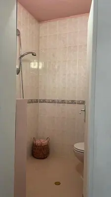 a bathroom with a shower and a toilet and a basket at Кокетно Кътче in Sofia