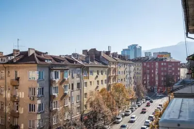 a view of a city street with buildings and cars at Studio Kalo in Sofia