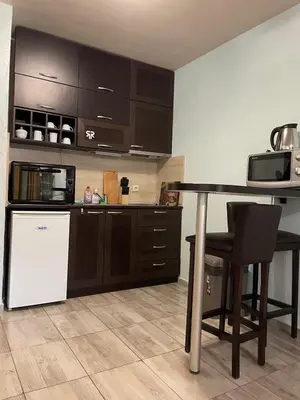 a kitchen with a table and a refrigerator and a microwave at Eleonor Mountain Apartment 2 in Bansko