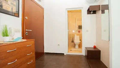 a bathroom with a toilet and a wooden cabinet at River Apartment in Sofia