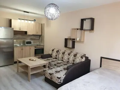 a living room with a couch and a kitchen at Уютнен апартамент Лагера in Sofia