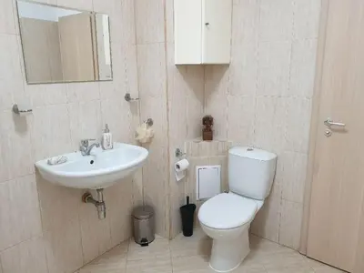 a bathroom with a toilet and a sink at Уютнен апартамент Лагера in Sofia