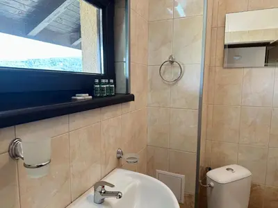 a bathroom with a sink and a toilet and a window at Къща за гости Sunrise - Батак in Batak