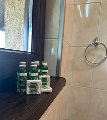a bathroom with three bottles of green liquid on a shelf at Къща за гости Sunrise - Батак in Batak