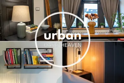 a room with a table with a lamp and books at Urban Oasis Heaven in Sofia