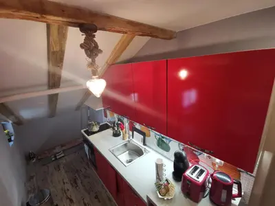a kitchen with a sink and red cabinets at D1 LOFT-Top center with free parking in Sofia