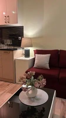 a living room with a couch and a table at Cosy apartment 11Mins Center in Plovdiv