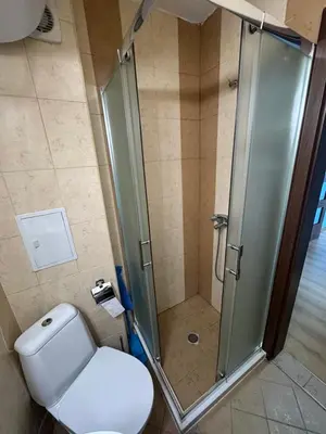 a bathroom with a shower with a toilet and a glass shower stall at Apartment 2-6 Royal Park in Bansko