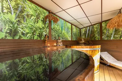 a swimming pool in a resort with a jungle at Mantar Spa Hotel in Marikostinovo