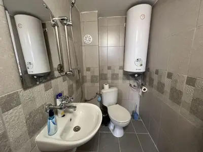 a small bathroom with a toilet and a sink at Villa Geshevi in Hisarya