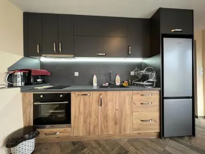 a kitchen with wooden cabinets and a black refrigerator at Villa Geshevi in Hisarya