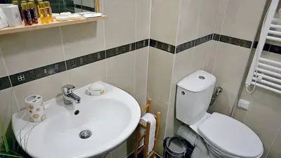 a bathroom with a white sink and a toilet at Hrebet House in Borovets