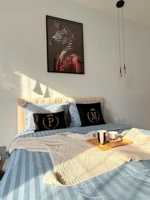 a bedroom with a bed with a tray on it at The Giraffe's apartment in Sofia