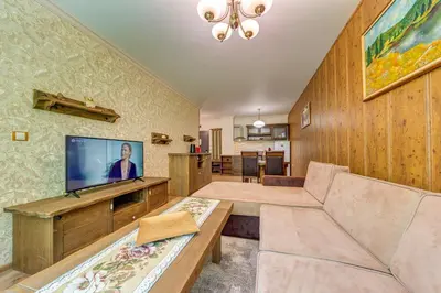 a living room with a couch and a flat screen tv at Апартамент Борчето Forest Glade- Pamporovo in Pamporovo