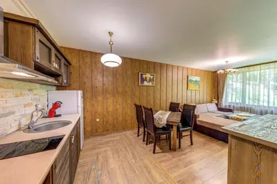 a kitchen and living room with a table and a couch at Апартамент Борчето Forest Glade- Pamporovo in Pamporovo